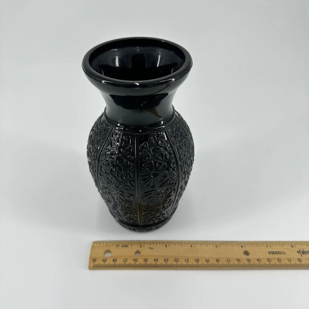 LE Smith Black Amethyst Glass Floral Embossed Vase Vintage Pressed Glass
